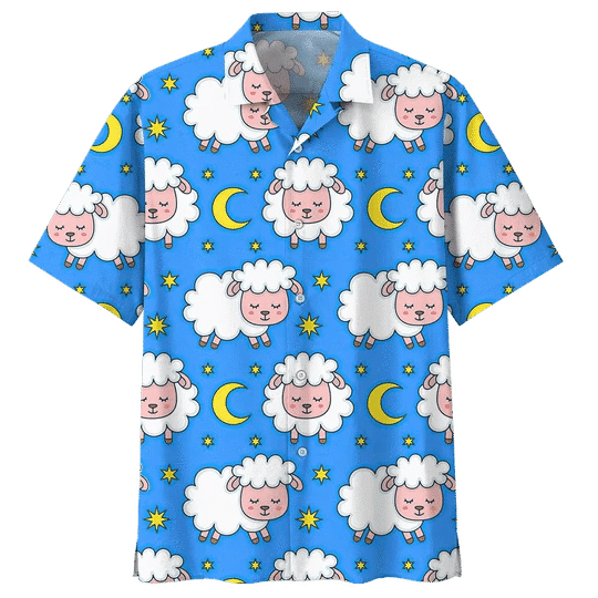 Blue Moon And Sheep Illustration Design Hawaiian Shirt, Hawaiian For Gift