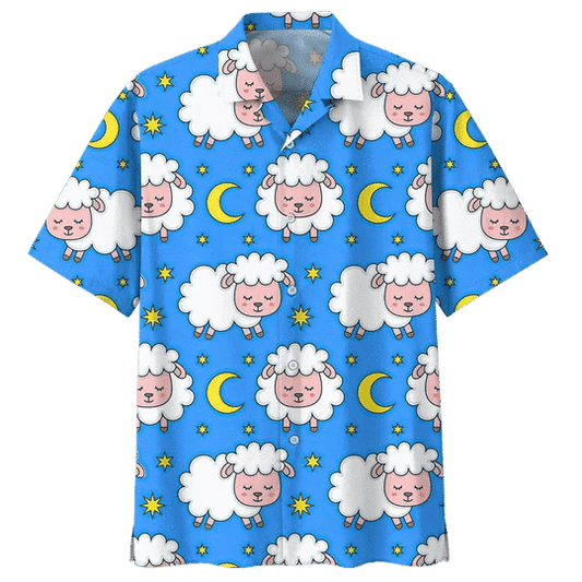 Blue Moon And Sheep Illustration Design Hawaiian Shirt, Hawaiian For Gift