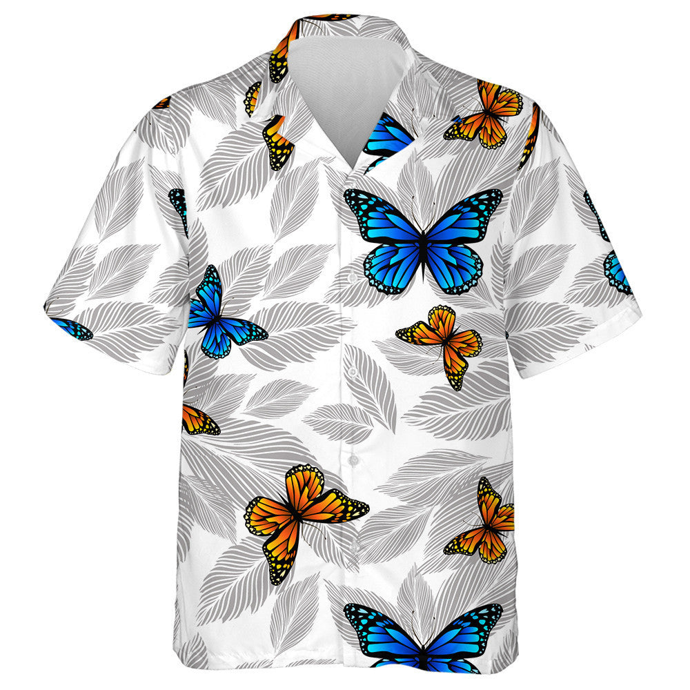 Graphic Grey Leaves Monochrome With Butterflies Hawaiian Shirt,Hawaiian Shirt Gift, Christmas Gift