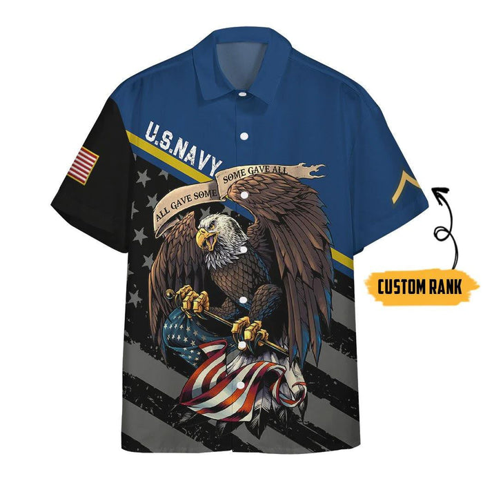 US Navy Veteran Flying Eagle Custom rank Holding America Flag Hawaiian Shirt, Hawaiian Shirt Gift, Christmas Gift