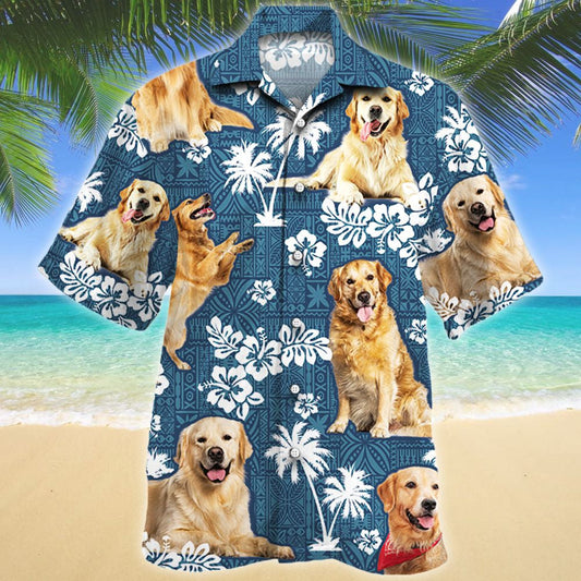 Attractive Design Golden Retriever Dog Blue Tribal Pattern Hawaiian Shirt, Hawaiian Shirt Gift, Christmas Gift