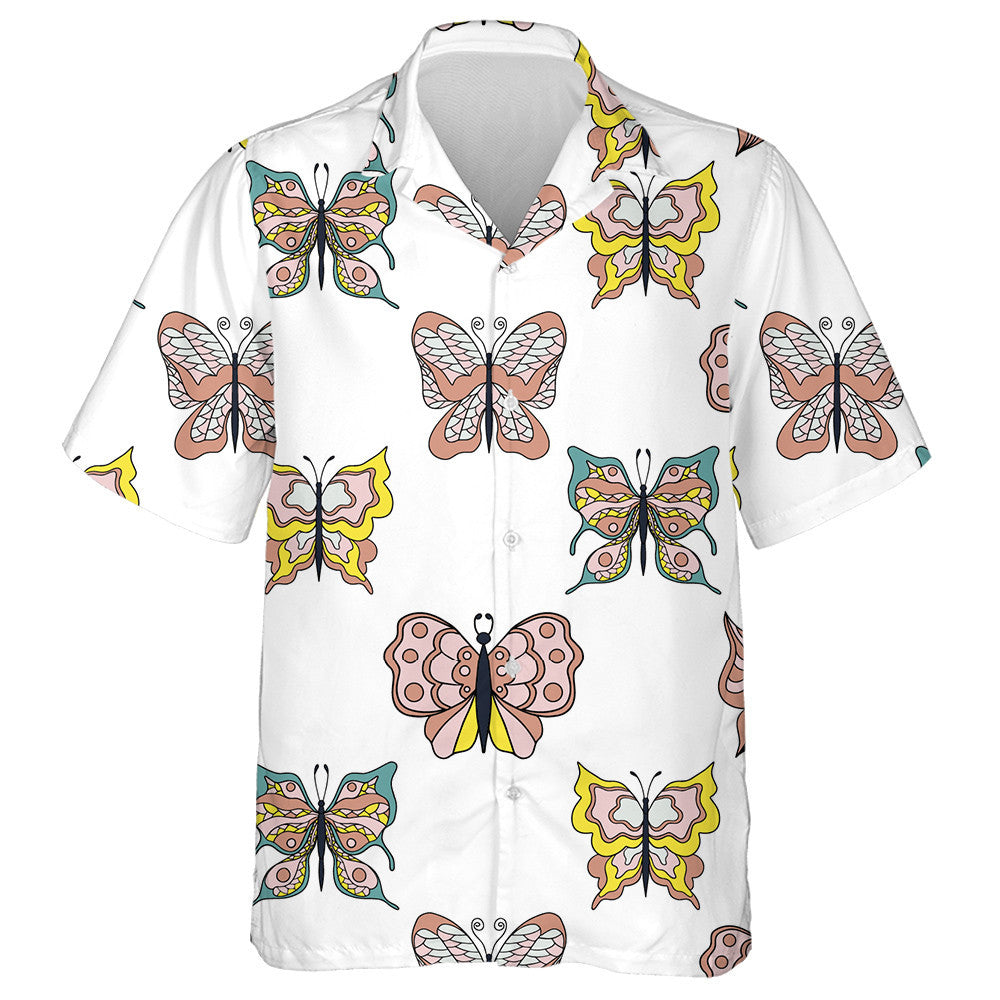 Hand Drawn Collection Of Cartoon Butterflies Hawaiian Shirt, Hawaiian For Gift