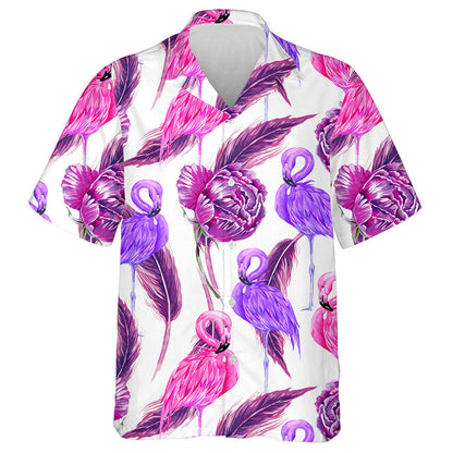 Beautiful Flamingo WIth Purple Flowers Peony Feathers Hawaiian Shirt, Hawaiian Shirt Gift, Christmas Gift