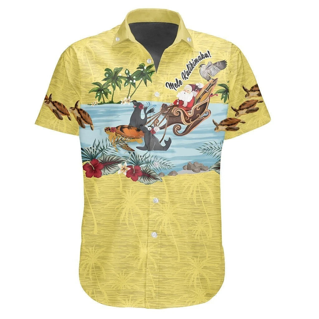 Hawaiian Shirt Christmas Monk Seal With Santa Pattern, Hawaiian For Gift