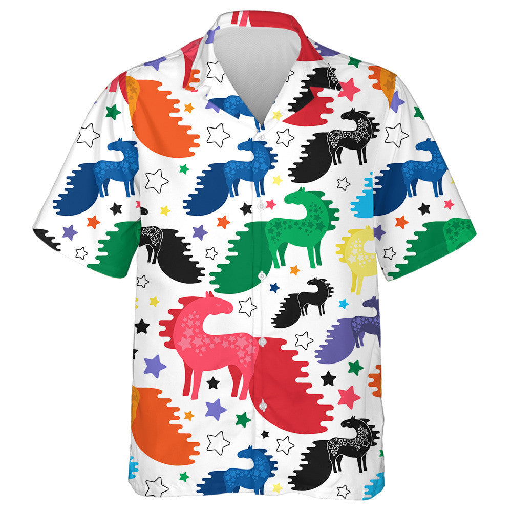 Rainbow Colors And Black Horses With Asymmetric Disproportion Tales Hawaiian Shirt, Hawaiian Shirt Gift, Christmas Gift