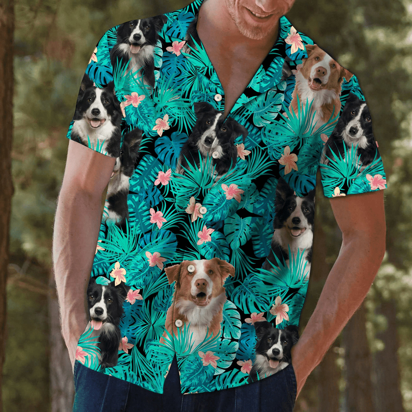 Border Collie Hiding Behind Tropical Leave Pattern Hawaiian Shirt, Hawaiian Shirt Gift, Christmas Gift
