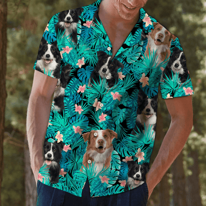 Border Collie Hiding Behind Tropical Leave Pattern Hawaiian Shirt, Hawaiian Shirt Gift, Christmas Gift