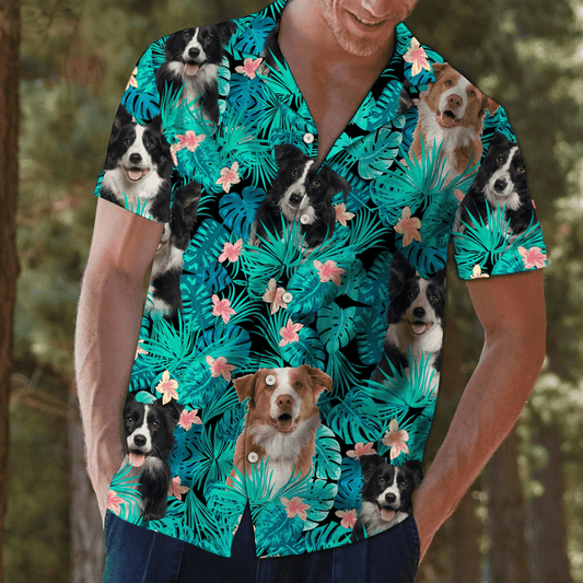 Border Collie Hiding Behind Tropical Leave Pattern Hawaiian Shirt, Hawaiian Shirt Gift, Christmas Gift