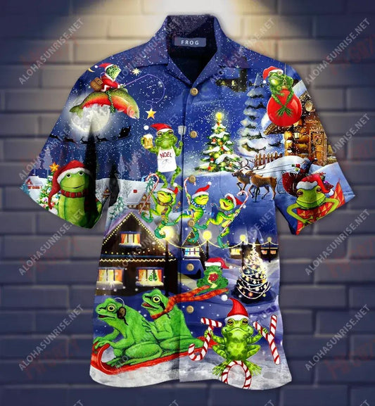 Frogs On Night Christmas Short Hawaiian Shirt Summer Tropical Shirts Tactical Hawaiian Shirt Funny Hawaiian Shirts, Hawaiian Shirt Gift, Christmas Gift