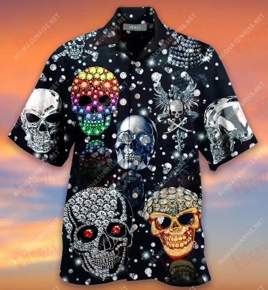 Shiny Diamond Skull Short Hawaiian Shirt Summer Short Sleeve Hawaiian Crazy Shirts Hawaiian Shirts For Men, Hawaiian Shirt Gift, Christmas Gift