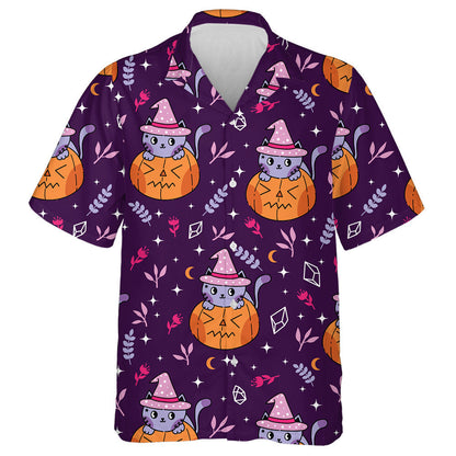 Magic Purple Cat Witch Leaves And Pumpkin Hawaiian Shirt , Hawaiian Shirt Gift, Christmas Gift