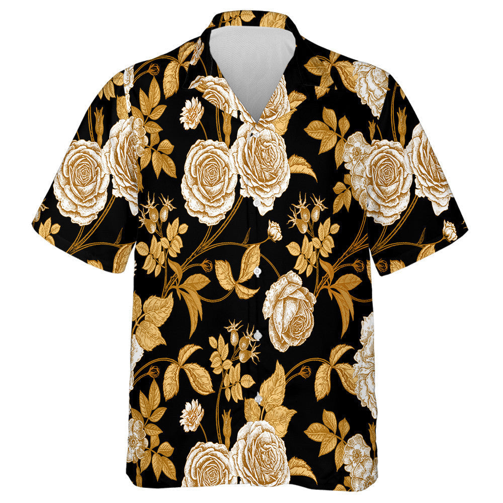 Gold Roses Flowers And Leaves Branches On Black Design Hawaiian Shirt, Hawaiian Shirt Gift, Christmas Gift