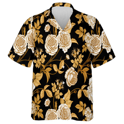 Gold Roses Flowers And Leaves Branches On Black Design Hawaiian Shirt, Hawaiian Shirt Gift, Christmas Gift