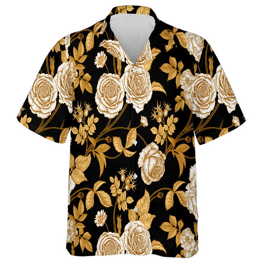Gold Roses Flowers And Leaves Branches On Black Design Hawaiian Shirt, Hawaiian Shirt Gift, Christmas Gift