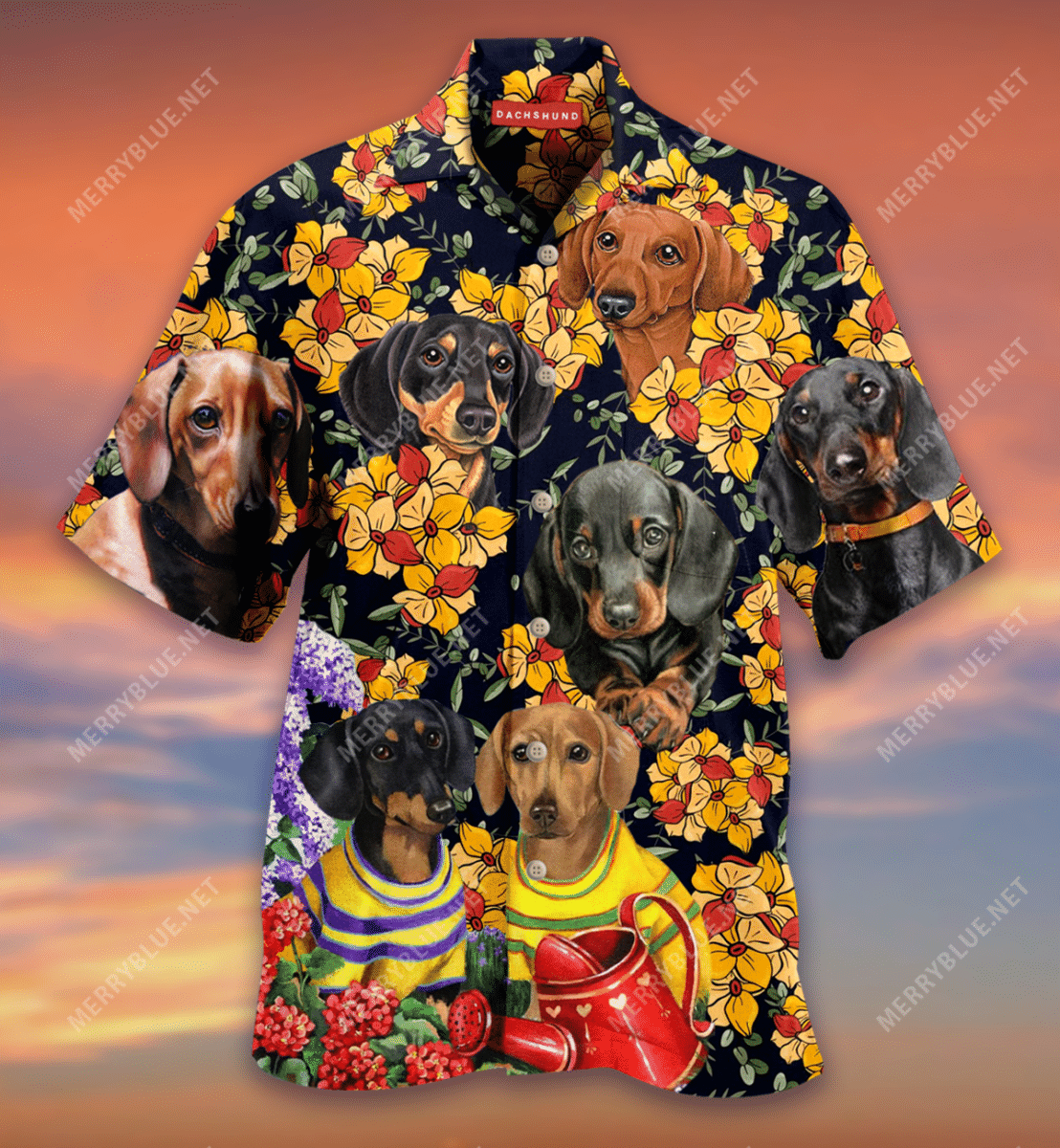 Dachshund And Flowers Hawaiian Aloha Shirt Hawaiian Shorts Beach Short Sleeve, Hawaiian Shirt Gift, Christmas Gift