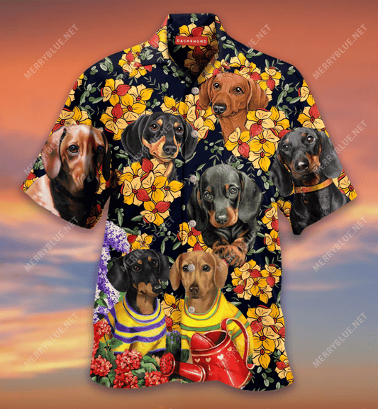Dachshund And Flowers Hawaiian Aloha Shirt Hawaiian Shorts Beach Short Sleeve, Hawaiian Shirt Gift, Christmas Gift