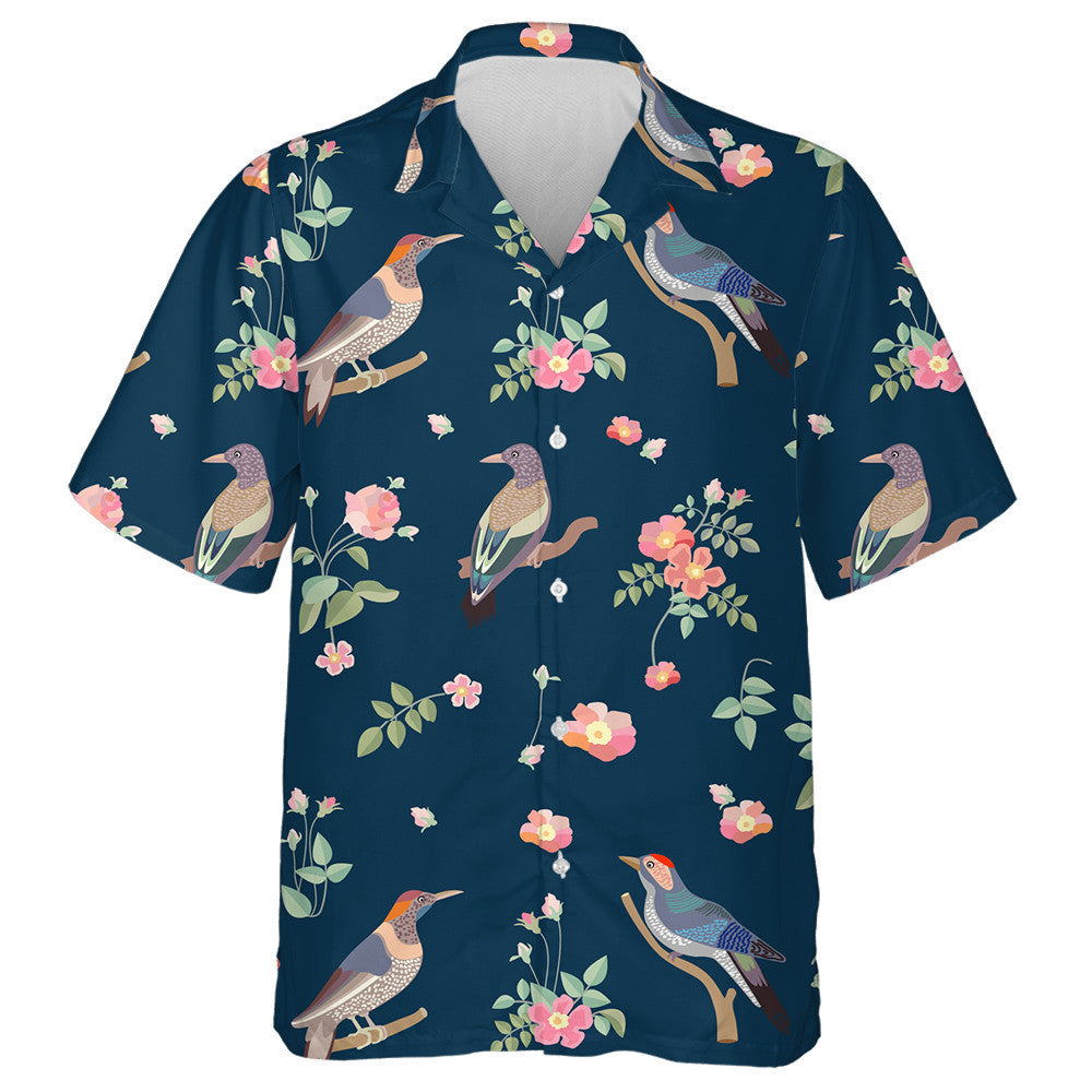 Birds And Blooming Roses On Dark Blue Background Hawaiian Shirt, Hawaiian Shirt Gift, Christmas Gift
