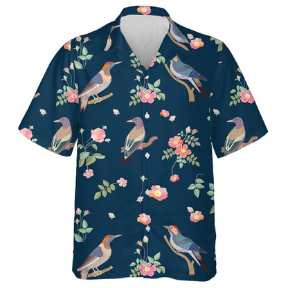 Birds And Blooming Roses On Dark Blue Background Hawaiian Shirt, Hawaiian Shirt Gift, Christmas Gift
