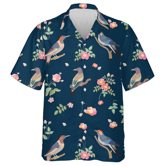 Birds And Blooming Roses On Dark Blue Background Hawaiian Shirt, Hawaiian Shirt Gift, Christmas Gift