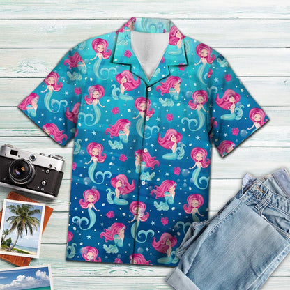 Cartoon Cute Pink Mermaid And Sea Pattern Hawaiian Shirt, Hawaiian Shirt Gift, Christmas Gift