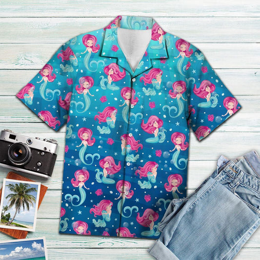 Cartoon Cute Pink Mermaid And Sea Pattern Hawaiian Shirt, Hawaiian Shirt Gift, Christmas Gift