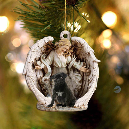 black pug-Angel Hug Winter Love Two Sided Christmas Plastic Hanging Ornament, Christmas Ornament Gift, Christmas Gift, Christmas Decoration