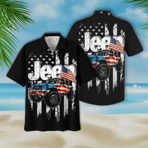 Black Theme Jeep And Flag Unique Design Hawaiian Shirt, Hawaiian Shirt Gift, Christmas Gift