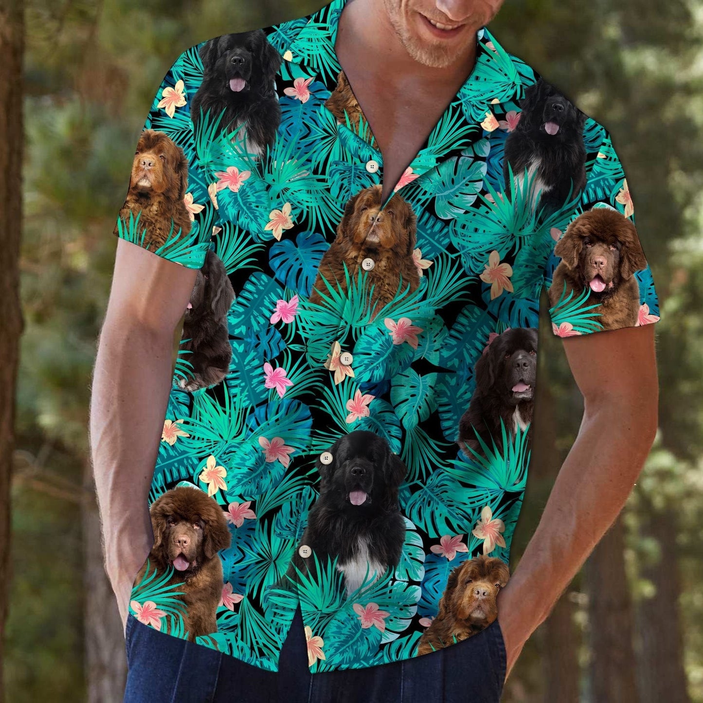 Lovely Newfoundland Tropical Leaves And Hibiscus Hawaiian Shirt,Hawaiian Shirt Gift, Christmas Gift