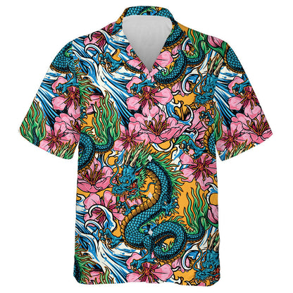 Horned Fantasy Dragon Sea Waves And Sakura Flowers Hawaiian Shirt, Hawaiian Shirt Gift, Christmas Gift