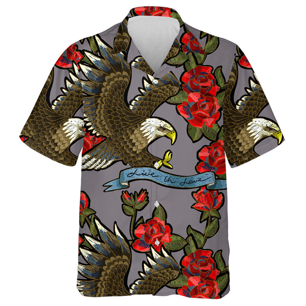 Embroidery With Roses and An Eagle Symbol Of Freedom Hawaiian Shirt, Hawaiian Shirt Gift, Christmas Gift