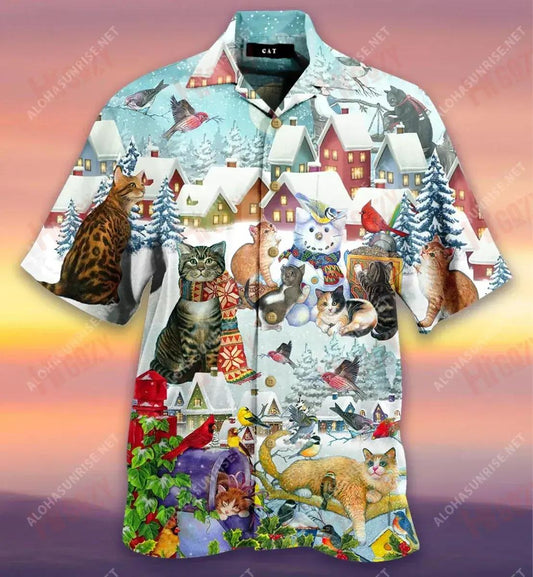 Cat Bird Unisex Hawaiian Shirt Ocean Short Sleeve Tropical Shirts For Men Hawaiian Shirts For Women_Hawaiian Shirt Gift, Christmas Gift