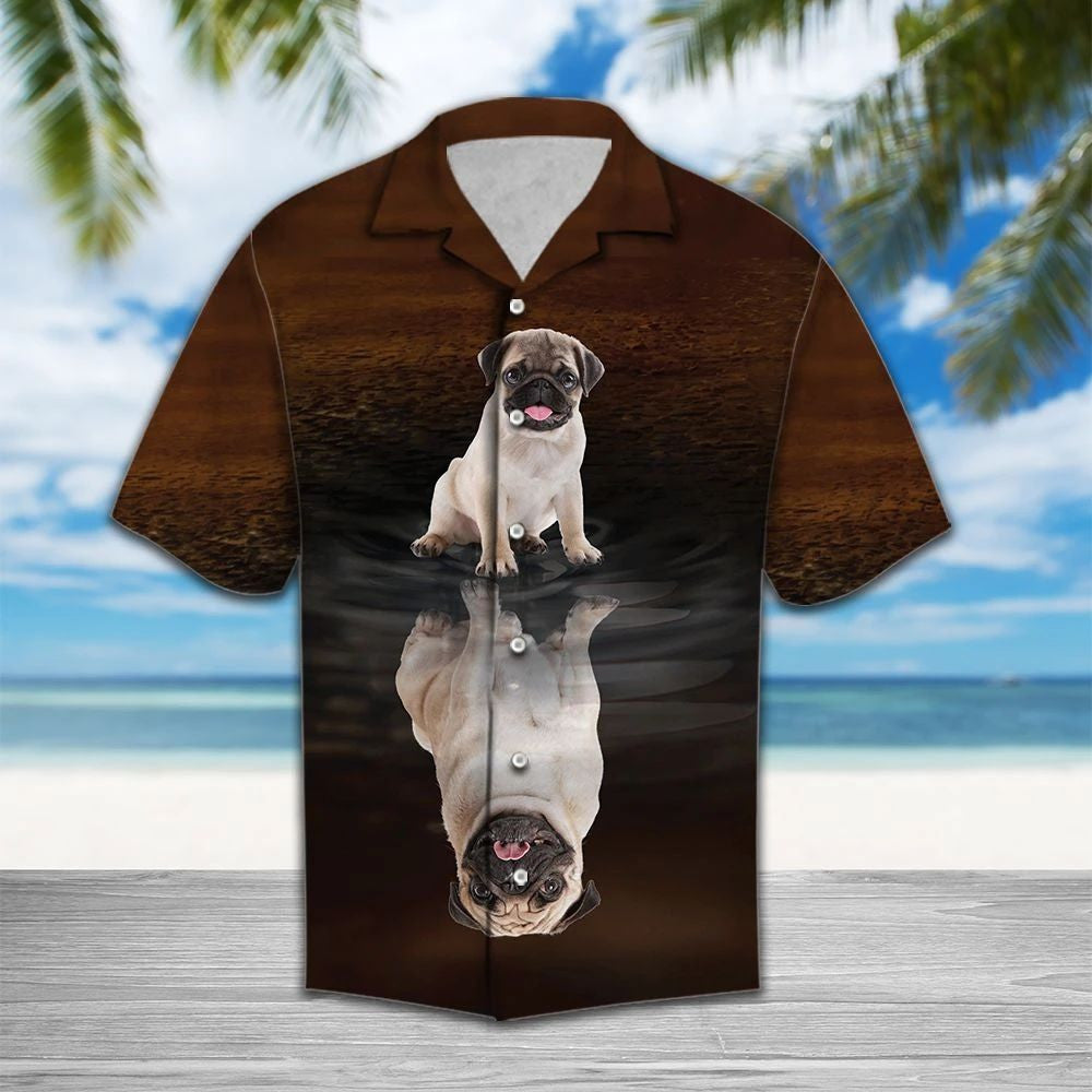 Playful And Cute Pug Reflection On Water Themed Hawaiian Shirt, Hawaiian Shirt Gift, Christmas Gift