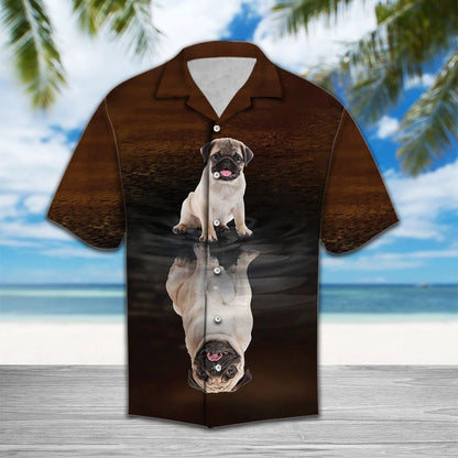 Playful And Cute Pug Reflection On Water Themed Hawaiian Shirt, Hawaiian Shirt Gift, Christmas Gift