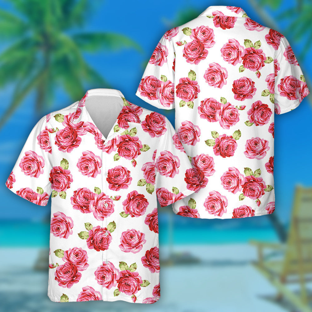 Watercolor Pink Roses Green Leaves Pattern White Theme Hawaiian Shirt, Hawaiian Shirt Gift, Christmas Gift