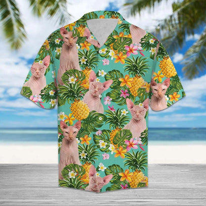 Tropical Pineapple Sphynx Mix Turquoise Theme Vintage Style Hawaiian Shirt, Hawaiian Shirt Gift, Christmas Gift