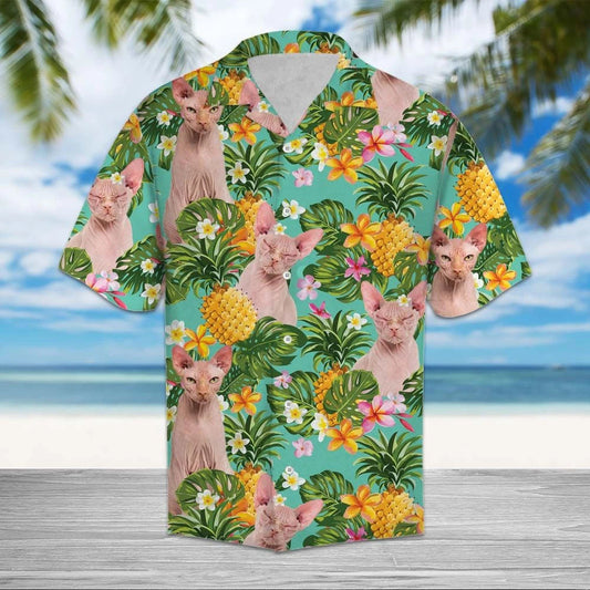 Tropical Pineapple Sphynx Mix Turquoise Theme Vintage Style Hawaiian Shirt, Hawaiian Shirt Gift, Christmas Gift