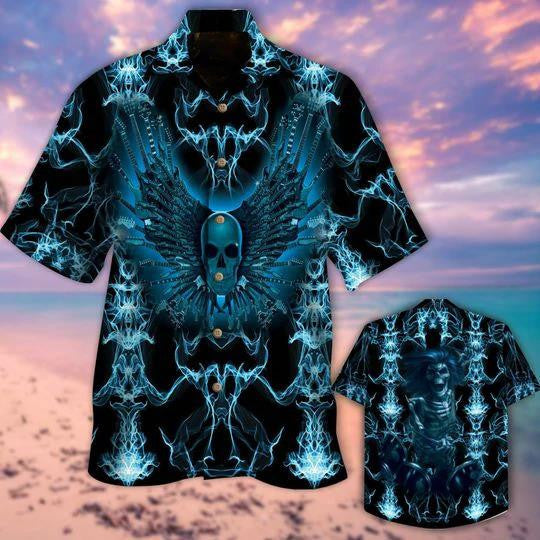 Attractive Blue Skull Guitar Death Wings Hawaiian Shirt, Hawaiian For Gift