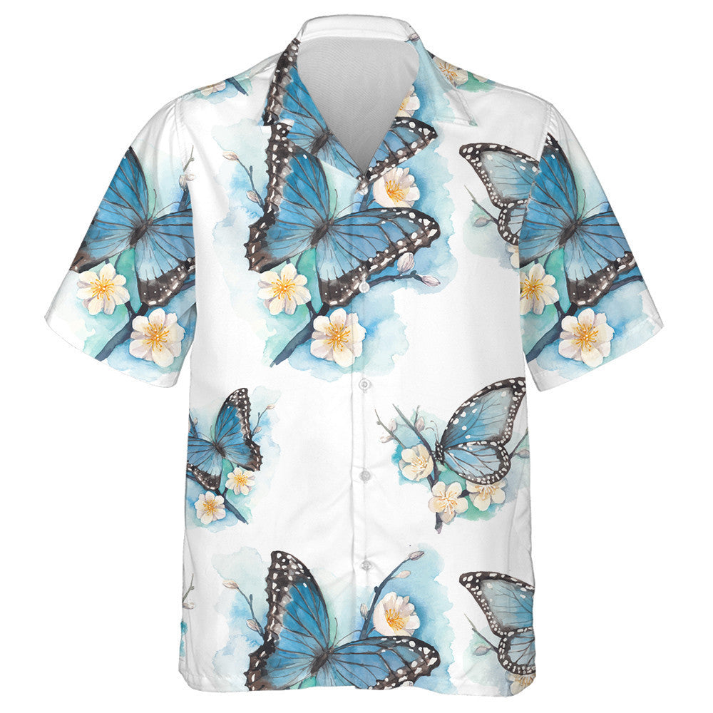 Water Blue Butterfly On Plum Blossom Tree Branch Hawaiian Shirt, Hawaiian Shirt Gift, Christmas Gift