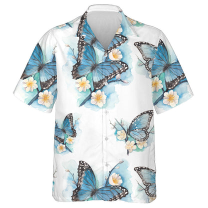 Water Blue Butterfly On Plum Blossom Tree Branch Hawaiian Shirt, Hawaiian Shirt Gift, Christmas Gift