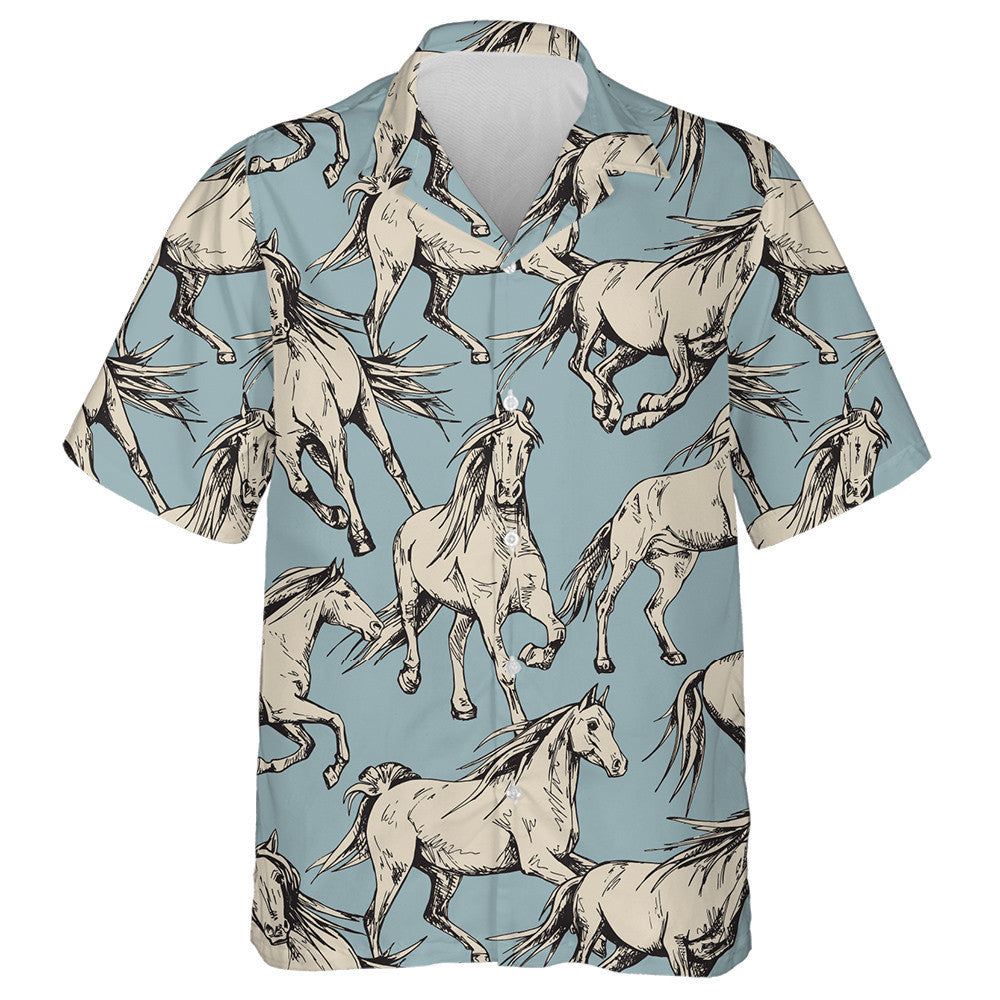 The Running Beautiful Beige Horses On A Blue Background Hawaiian Shirt, Hawaiian Shirt Gift, Christmas Gift
