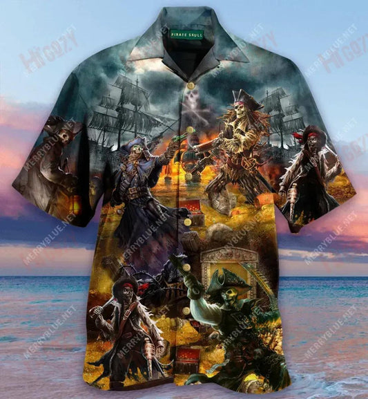 Pirate Skull Treasure Hunting Unisex Hawaiian Shirt Summer Short Sleeve Custom Hawaiian Shirts Hawaiian Shirts For Men, Hawaiian Shirt Gift, Christmas Gift