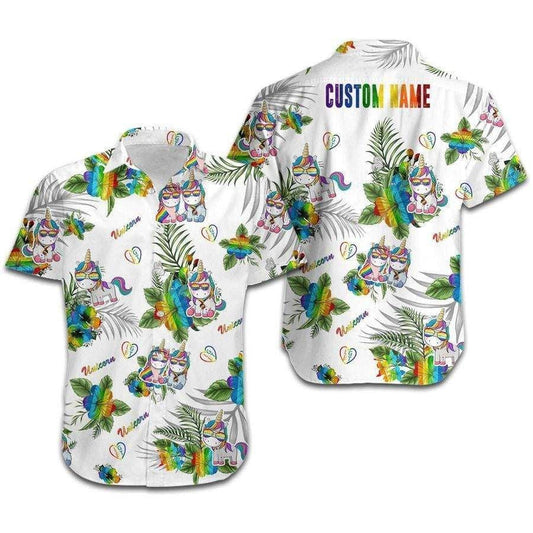 Lgbt Unicorn And Hibiscus Custom Name Hawaiian Shirt, Hawaiian For Gift