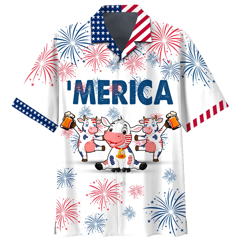 Cow Beer Dancing Blue And Red Firework Hawaiian Shirt, Hawaiian Shirt Gift, Christmas Gift