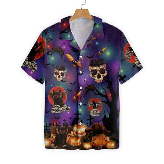 Honor Black Cat Skull Halloween Purple Background Hawaiian Shirt, Hawaiian Shirt Gift, Christmas Gift