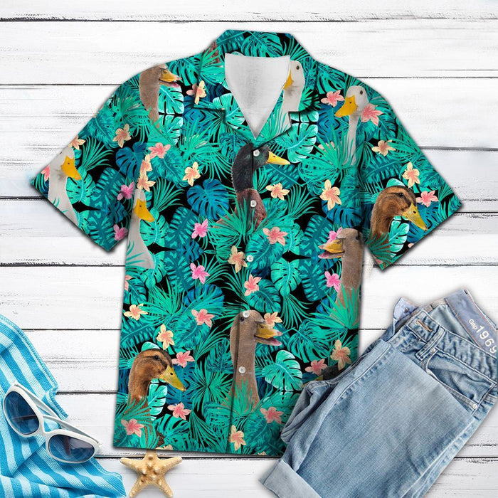 Adult Duck Lost In Tropical Plant Jungle Pattern Hawaiian Shirt, Hawaiian Shirt Gift, Christmas Gift