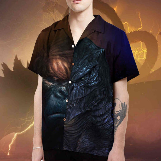 Realistic Godzilla And King Kong Dark Themed Hawaiian Shirt, Hawaiian Shirt Gift, Christmas Gift