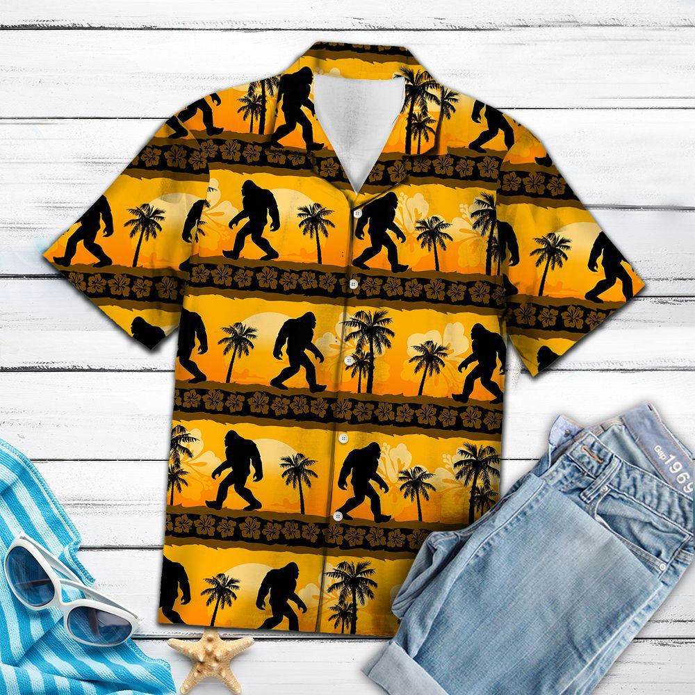 Vintage Black Bigfoot Tropical Frangipani Pattern Hawaiian Shirt,Hawaiian Shirt Gift, Christmas Gift