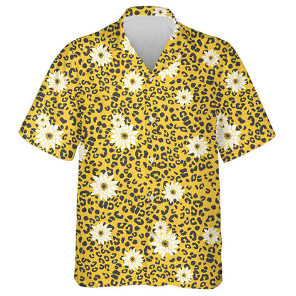 Leopard Animal Abstract Geometric With Yellow White Floral Hawaiian Shirt, Hawaiian Shirt Gift, Christmas Gift