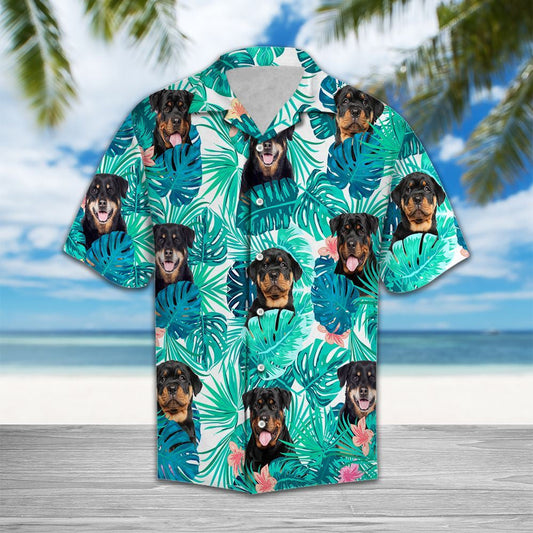 Lovely Rottweiler Among Tropical Flowers And Leaves Hawaiian Shirt, Hawaiian Shirt Gift, Christmas Gift