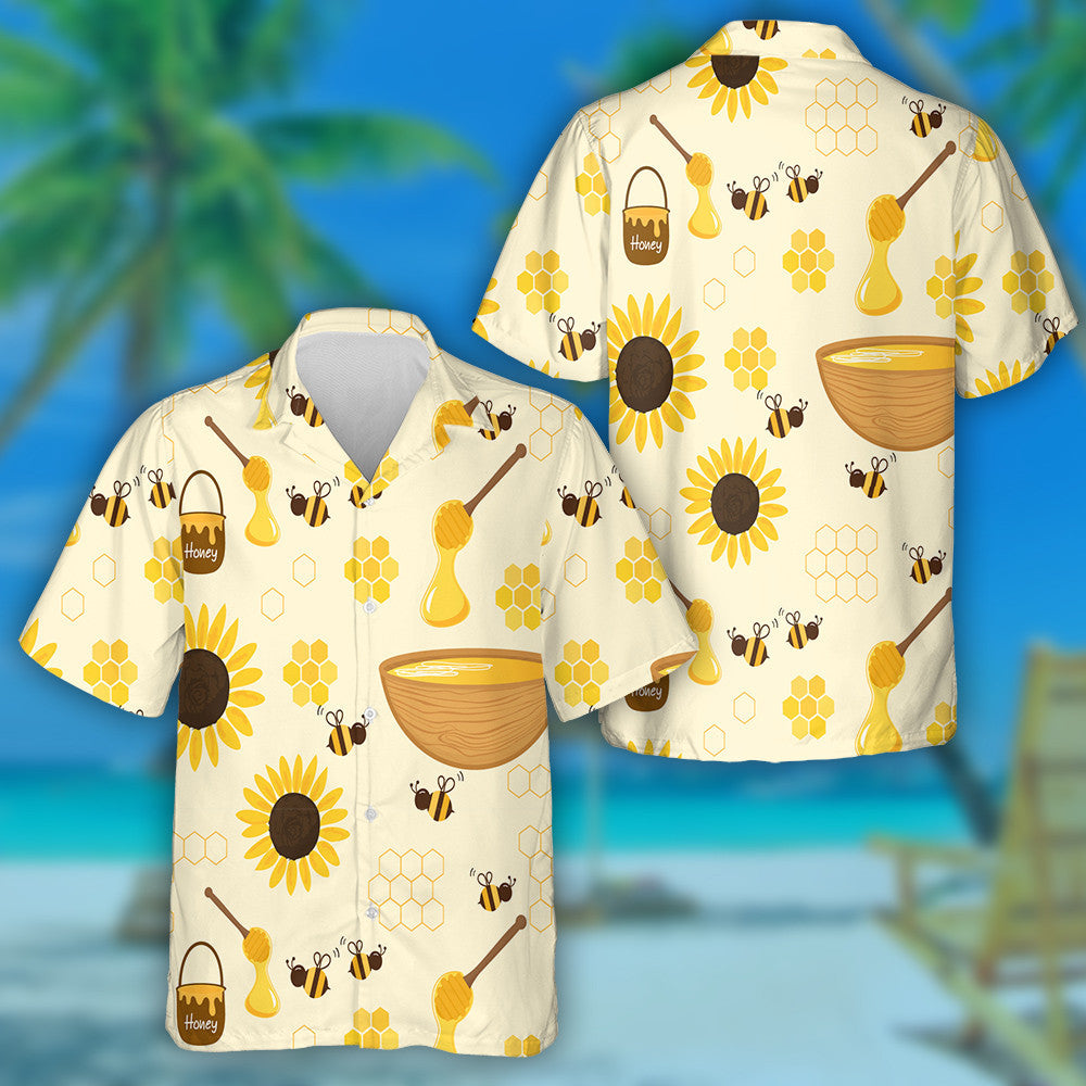 Bee Cartoons Honey Bucket Sunflower Hive Wooden Dipper Hawaiian Shirt, Hawaiian Shirt Gift, Christmas Gift